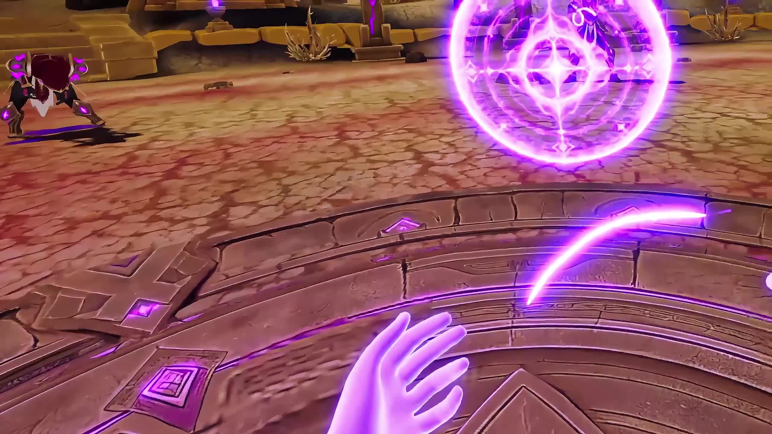 First-person gameplay with a tracked hand and glowing purple magic in the arena